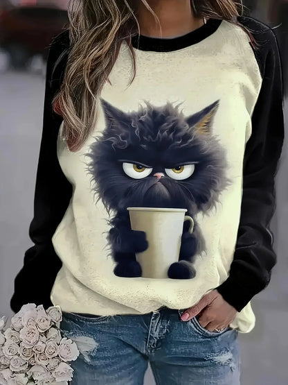 Whimsical Cat Print Pullover Sweatshirt